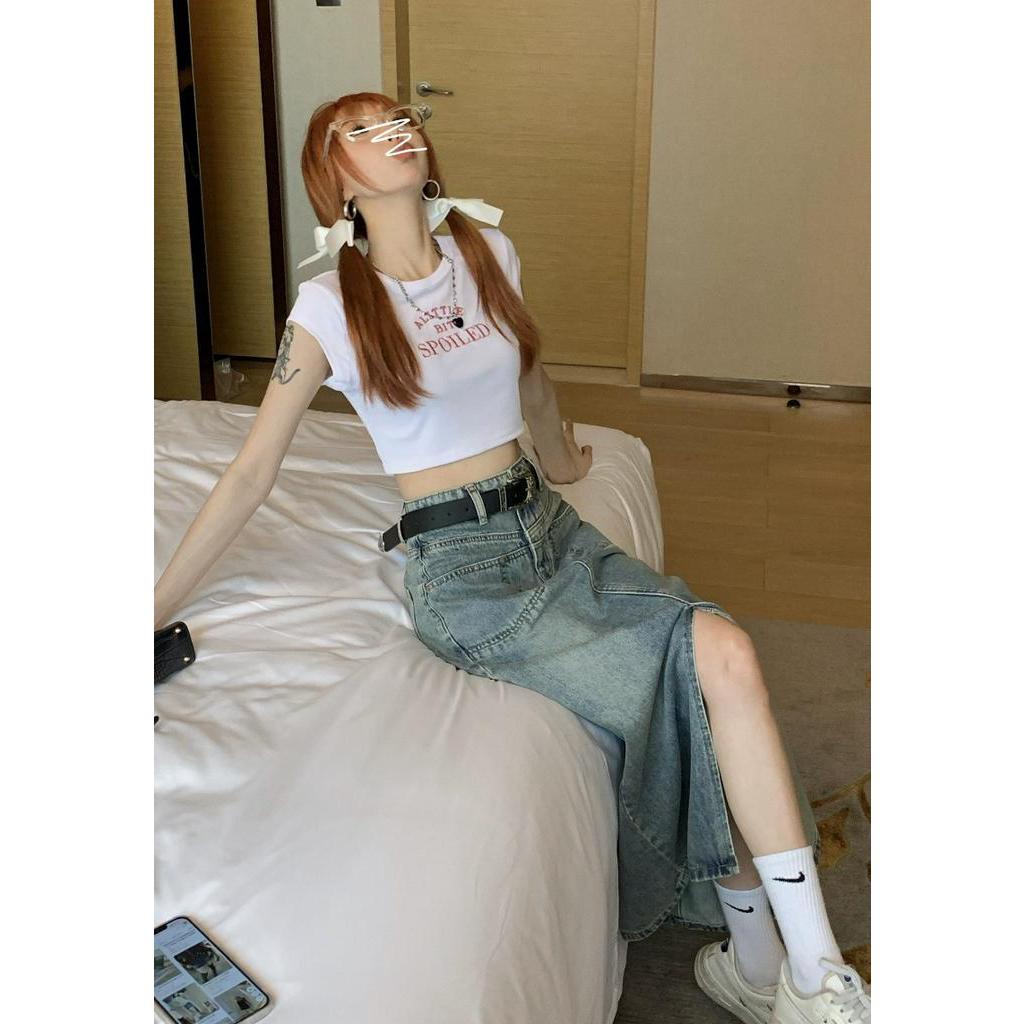 Chân váy jean Lưng Cao Xẻ Tà Thời Trang retro Cho Nữ