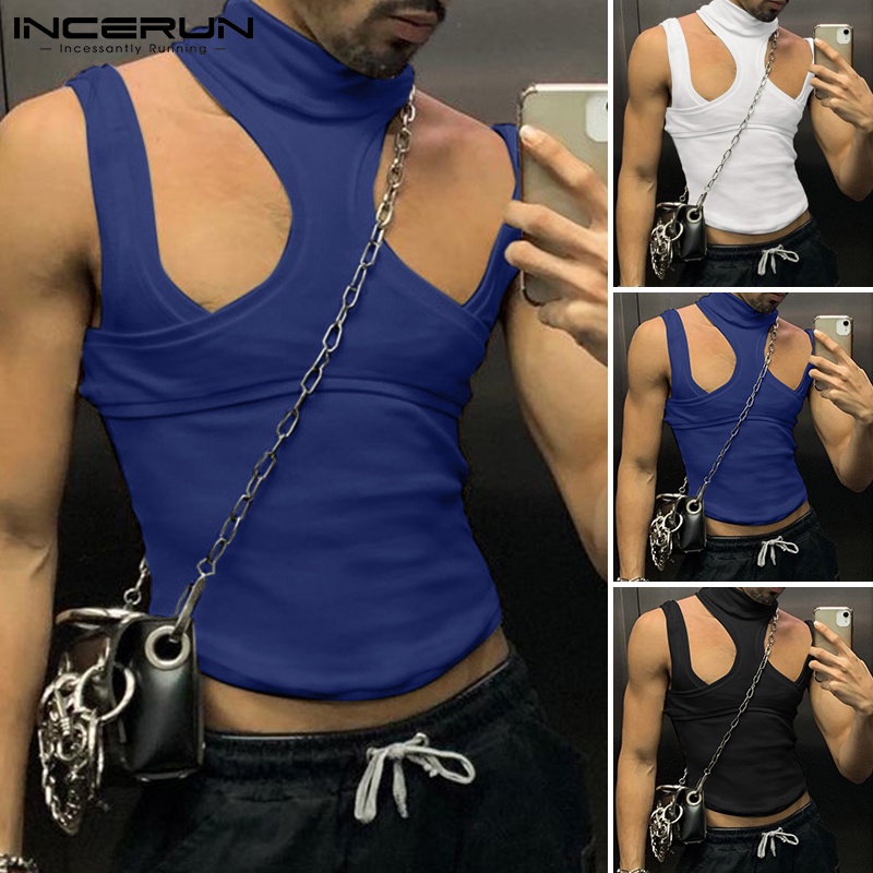 Áo ba lỗ dệt kim INCERUN cổ cao màu trơn thời trang cho nam có 3 màu lựa chọn