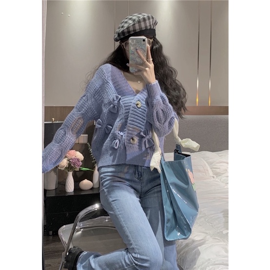 Áo len cardigan trơn 3 màu be - hồng - tím thêu nơ cách điệu phong cách Hàn Quốc - Ulzzang - Vintage