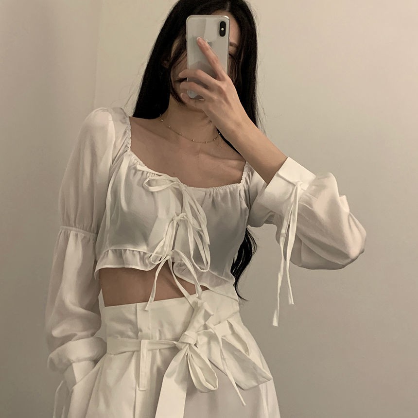 Fashion suit women's spring and Autumn New Korean chic Retro High Waist BM Square Neck Shirt high waist skirt 2 pieces