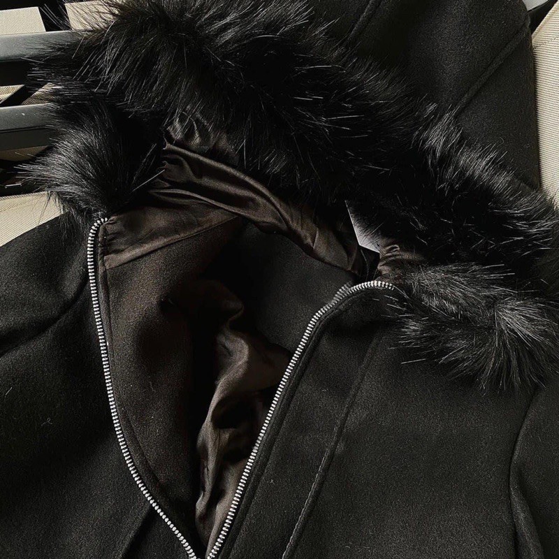 ANU49 - ÁO KHOÁC NỮ DẠ ĐEN KHOÁ CỔ LÔNG | BigBuy360 - bigbuy360.vn