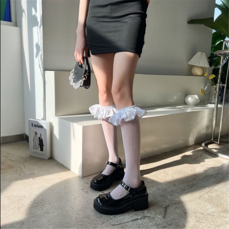 Ivy Vớ Ống Lửng Qua Bắp Chân Ống Dài Qua Bắp Chân Vải Satin Phối Lưới Chấm Bi Rỗng Xuyên Thấu Tr