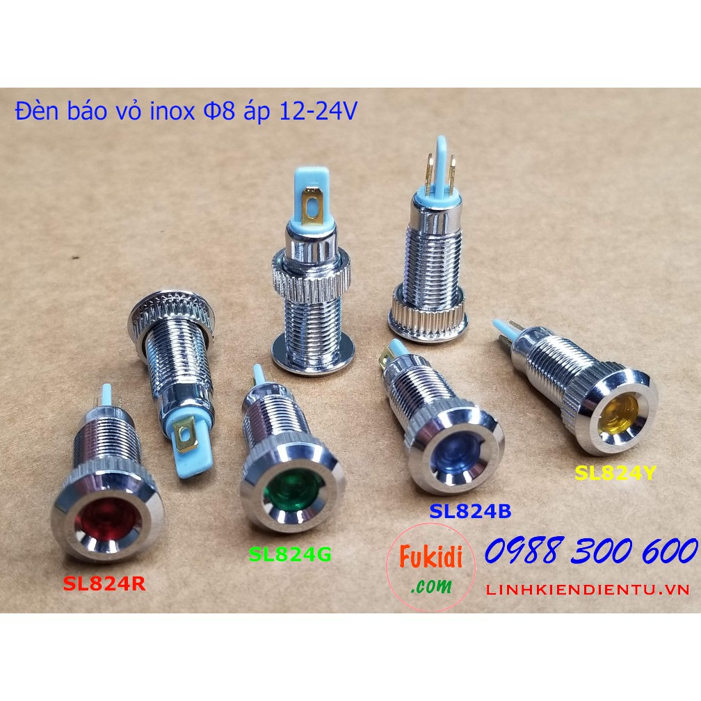 Đèn báo tín hiệu Φ8mm vỏ inox chống thấm, điện áp 12-24v màu đỏ, xanh lá, xanh dương và vàng - SL824R, SL824G, SL824B