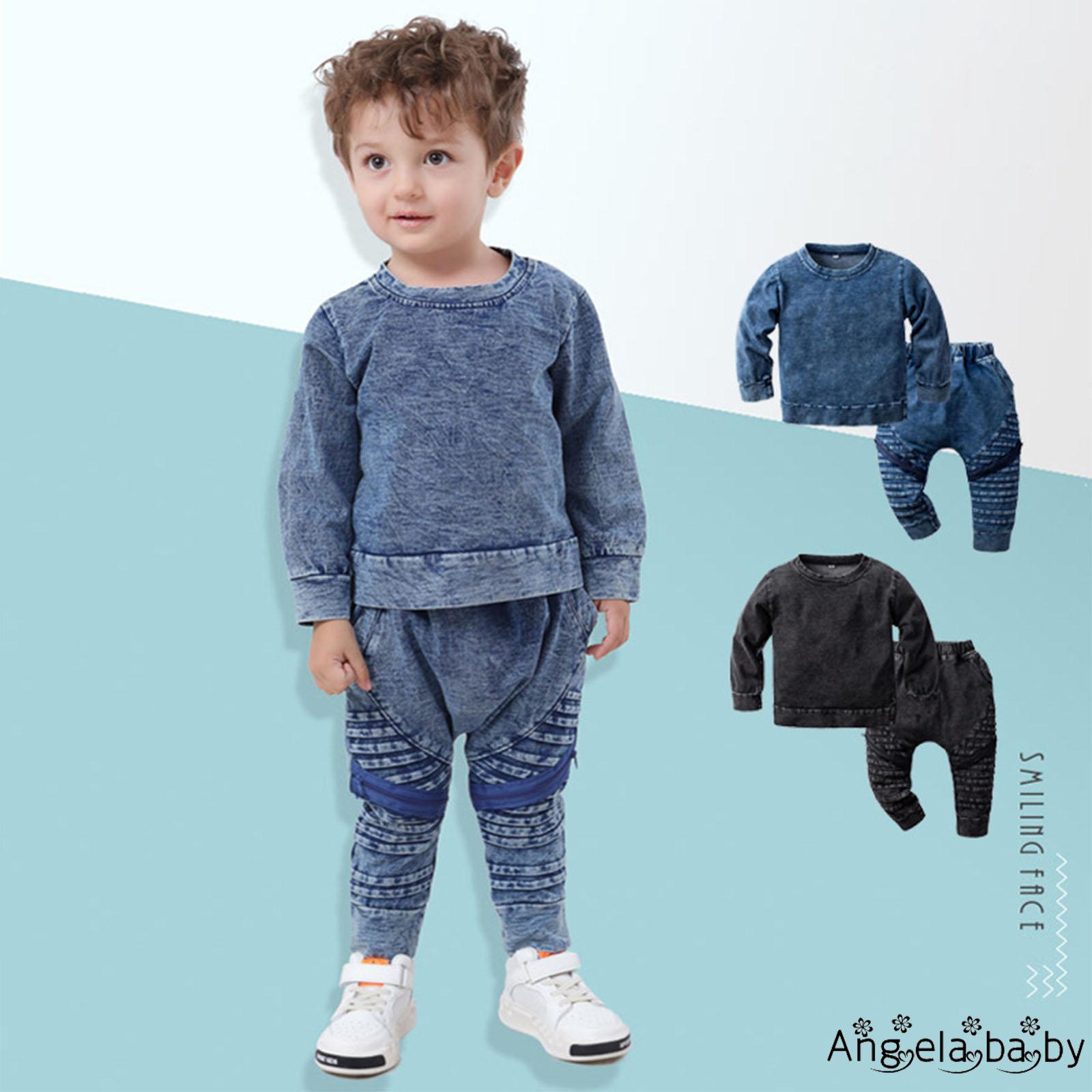 Set Áo Thun Dài Tay Cổ Tròn + Quần Dài Jeans Lưng Thun Thời Trang Cho Bé Trai