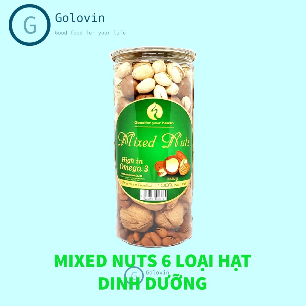 Hạt dinh dưỡng mix nuts sấy khô hỗn hợp 6 loại hạt macca hạnh nhân óc chó hạt thông dẻ cười hồ đào hộp 500g golovinshop