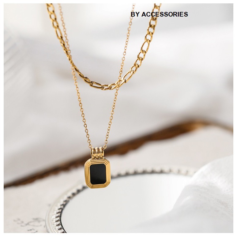 Dây chuyền titan 2 tầng vintage mặt chữ nhật màu đen không gỉ