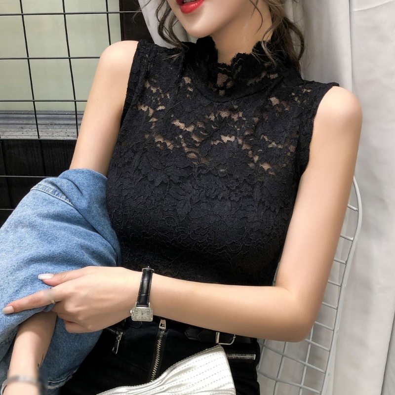 Áo Tank Top Không Tay Cổ Lọ Phối Ren Thời Trang Dành Cho Nữ