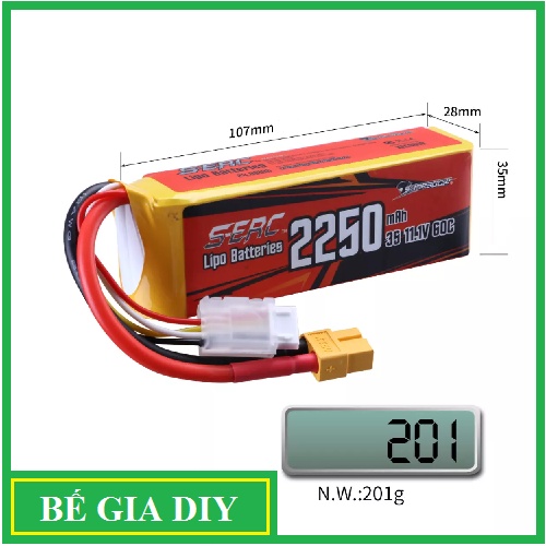 Pin LiPo 3S Sunpadow 2250mAh 11.1V 60C XT60