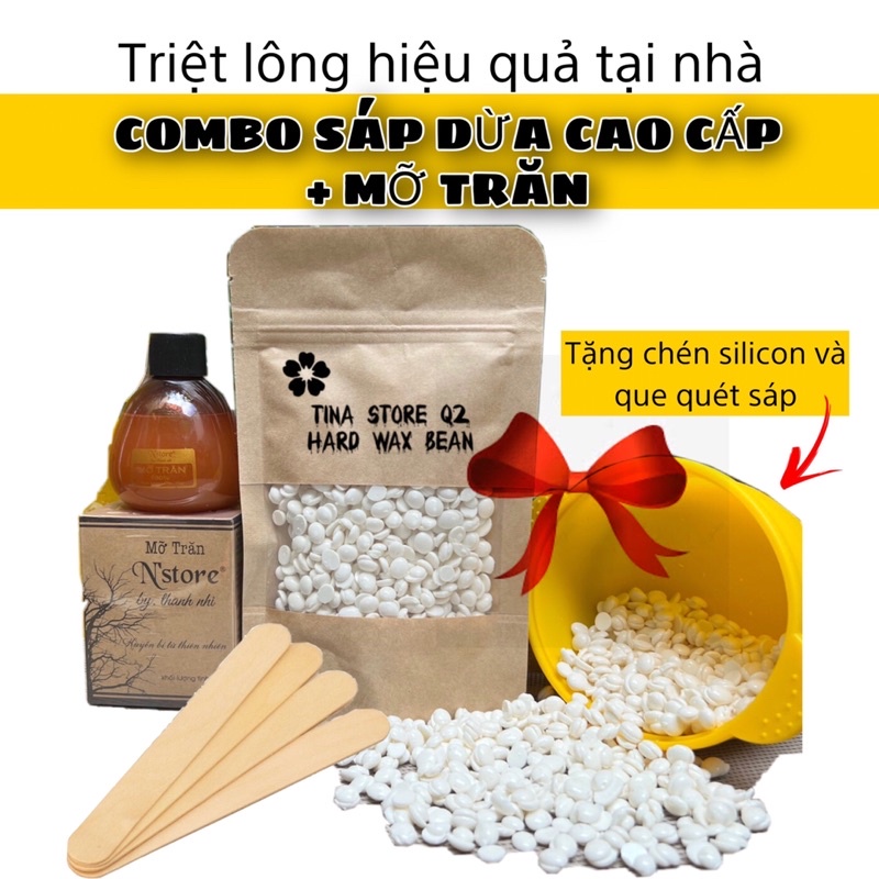 Combo sáp wax lông nhập khẩu hard wax bean và mỡ trăn [Tặng] chén silicon và que quét sáp