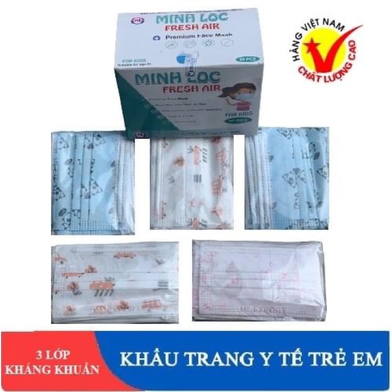 HỘP 50c KHẨU TRANG TRẺ EM KHÁNG KHUẨN 3 LỚP MINH LỘC
