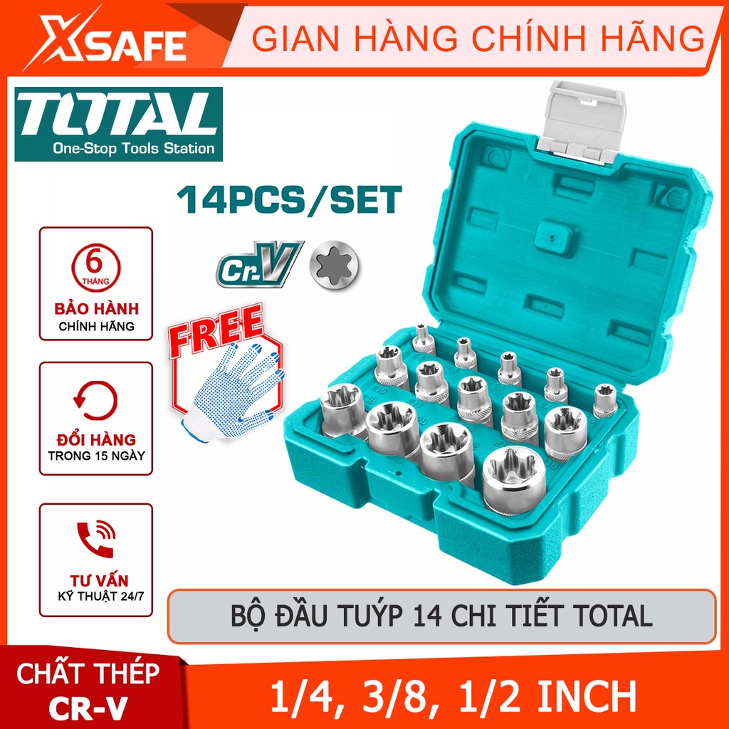 Bộ đầu tuýp 14 chi tiết TOTAL THKTETS0114 | bộ 14 tuýp loại E chất liệu CR-V (50BV30) gồm 5 đầu tuýp 1/4 inch