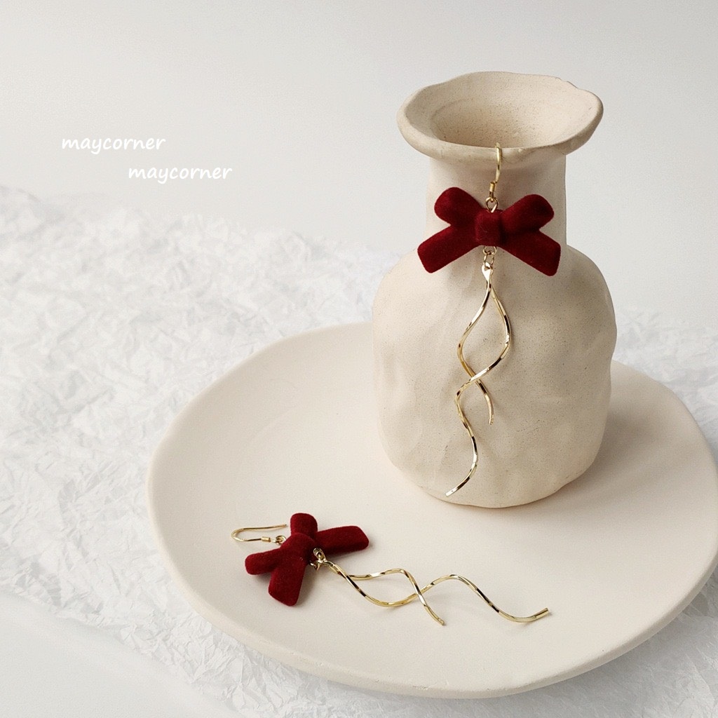 Khuyên tai cao cấp mạ bạc 925 dáng dài nơ xinh xắn