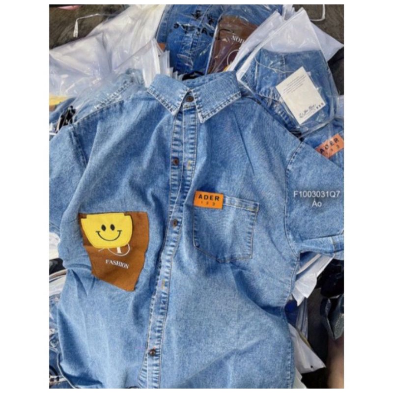 Áo sơ mi jean MẶT CƯỜI from rộng- áo bò demin cộc tay phong cách ulzzang hàn quốc