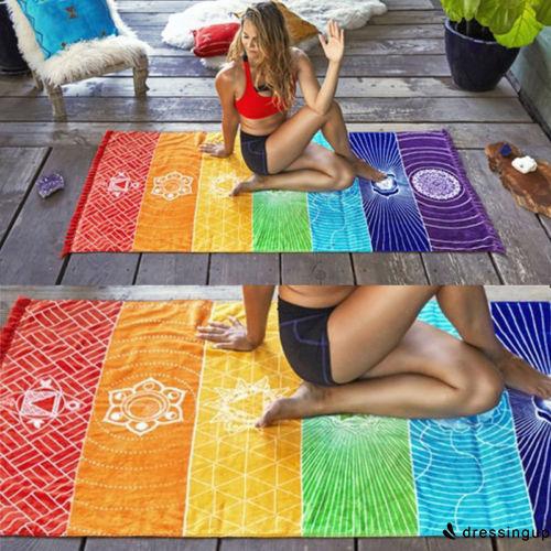 Thảm tập yoga kiêm khăn đi biển chất liệu polyester họa tiết luân xa 7 màu hình chữ nhật kích thước 150x70cm/100x45cm