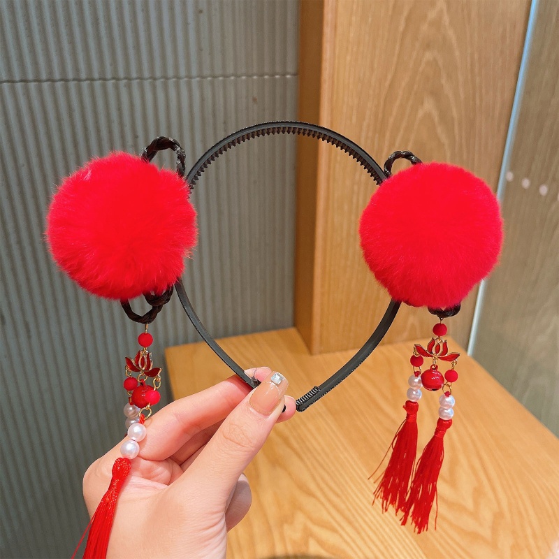 Băng Đô Cài Tóc Đính Bông Tua Rua Phong Cách Trung Hoa Cổ Điển Mừng Năm Mới Cho Bé