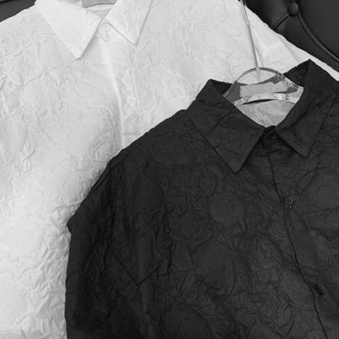 Áo Sơ Mi Tay Ngắn Cổ Đứng Dáng Rộng Họa Tiết Dập Nổi Thời Trang Cho Nam