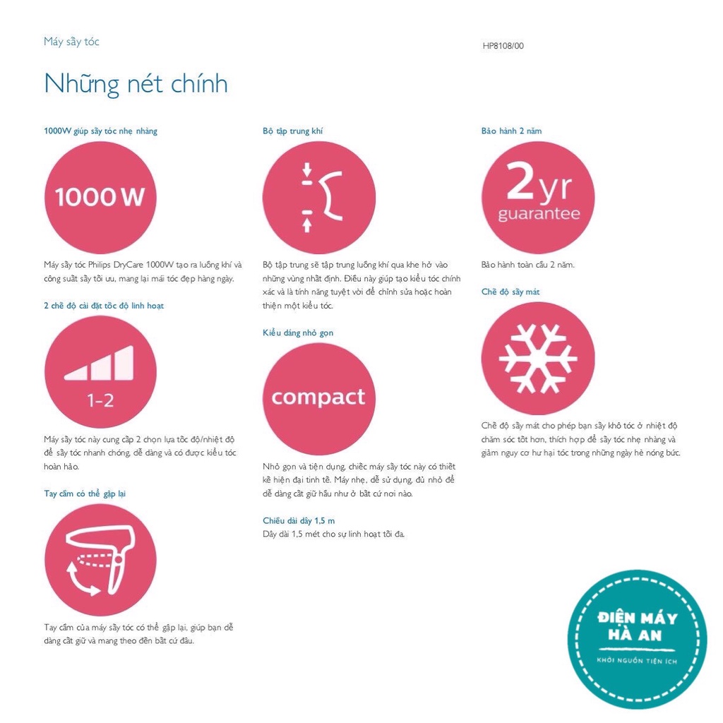 Máy sấy tóc du lịch Philips HP8108 - Hàng chính hãng - Bảo hành 24 tháng