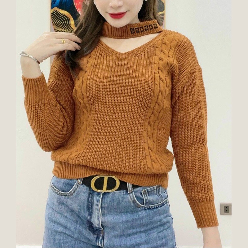 Áo Len Cổ Hở Dài Tay - 5 mầu Xanh Cam Đất Nâu Be Đen - Hanlly Fashion - AL1