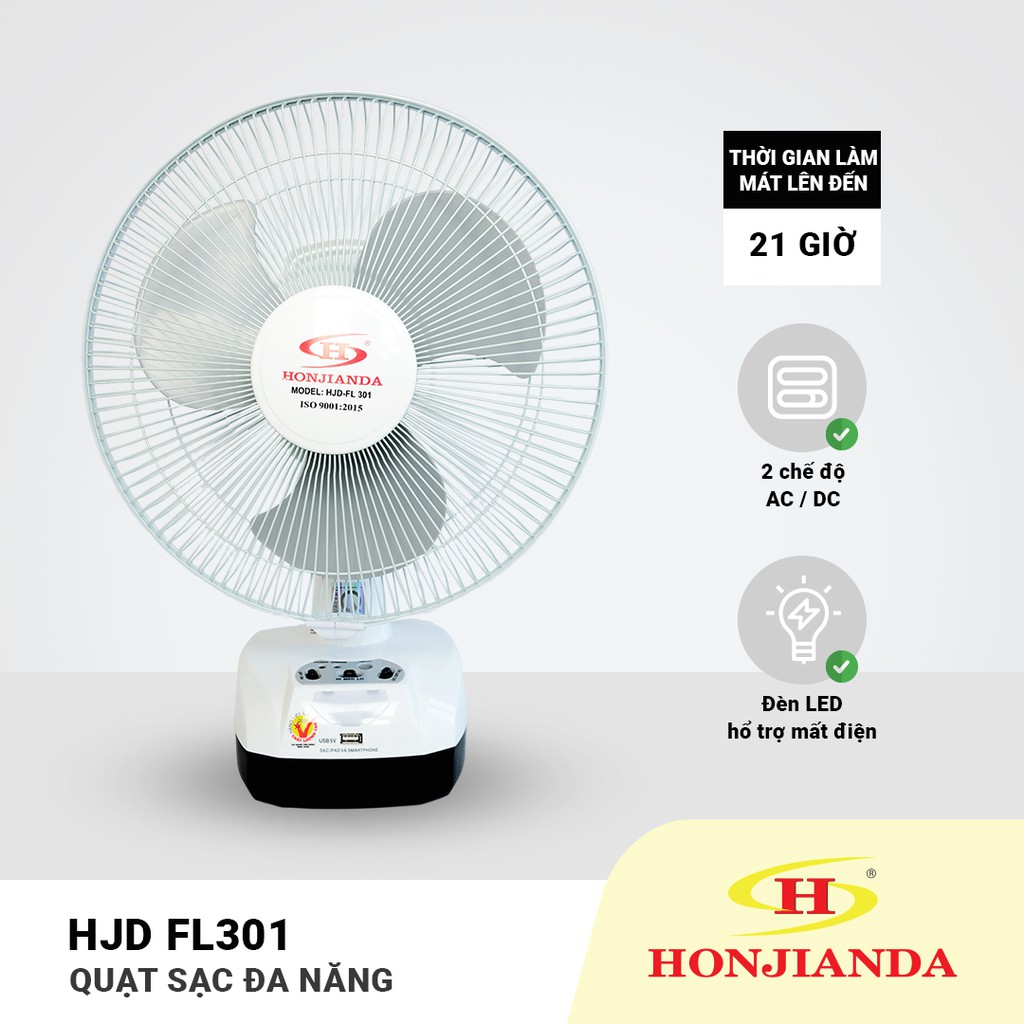 [Freeship70k] Quạt sạc tích điện Honjianda ⚡ BH 6 THÁNG ⚡ FL 301 có ổ sạc USB và đèn