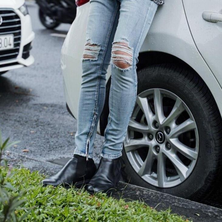 Quần jean nam Streetwear DATINO Blue Light rách gối form Skinny Denim co giãn ống khóa Zipper, bền màu ! -