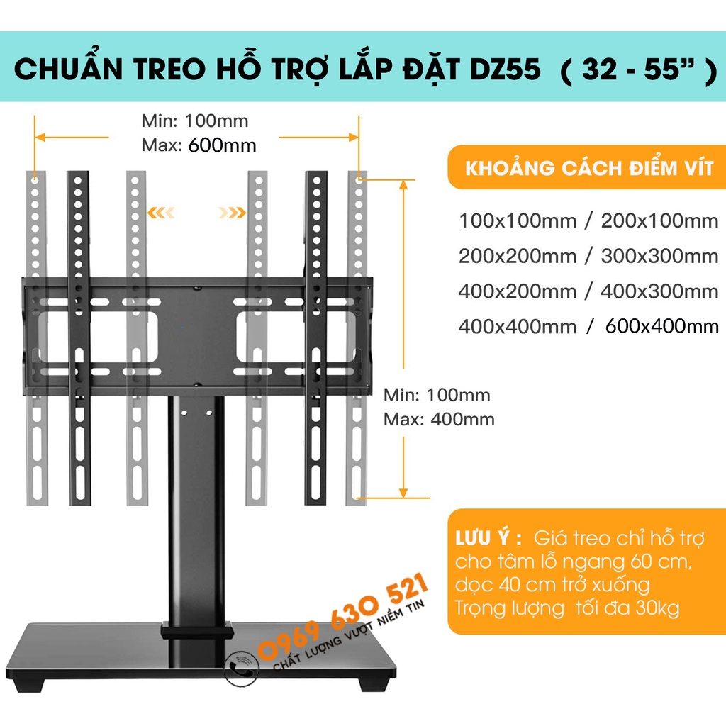 Chân Đế Tivi Đa Năng 32 - 43 - 49 - 55 inch - Chân Tivi Để Bàn Mặt Kính Cường Lực - Lắp Được Mọi Loại Tivi -Hàng Cao Cấp