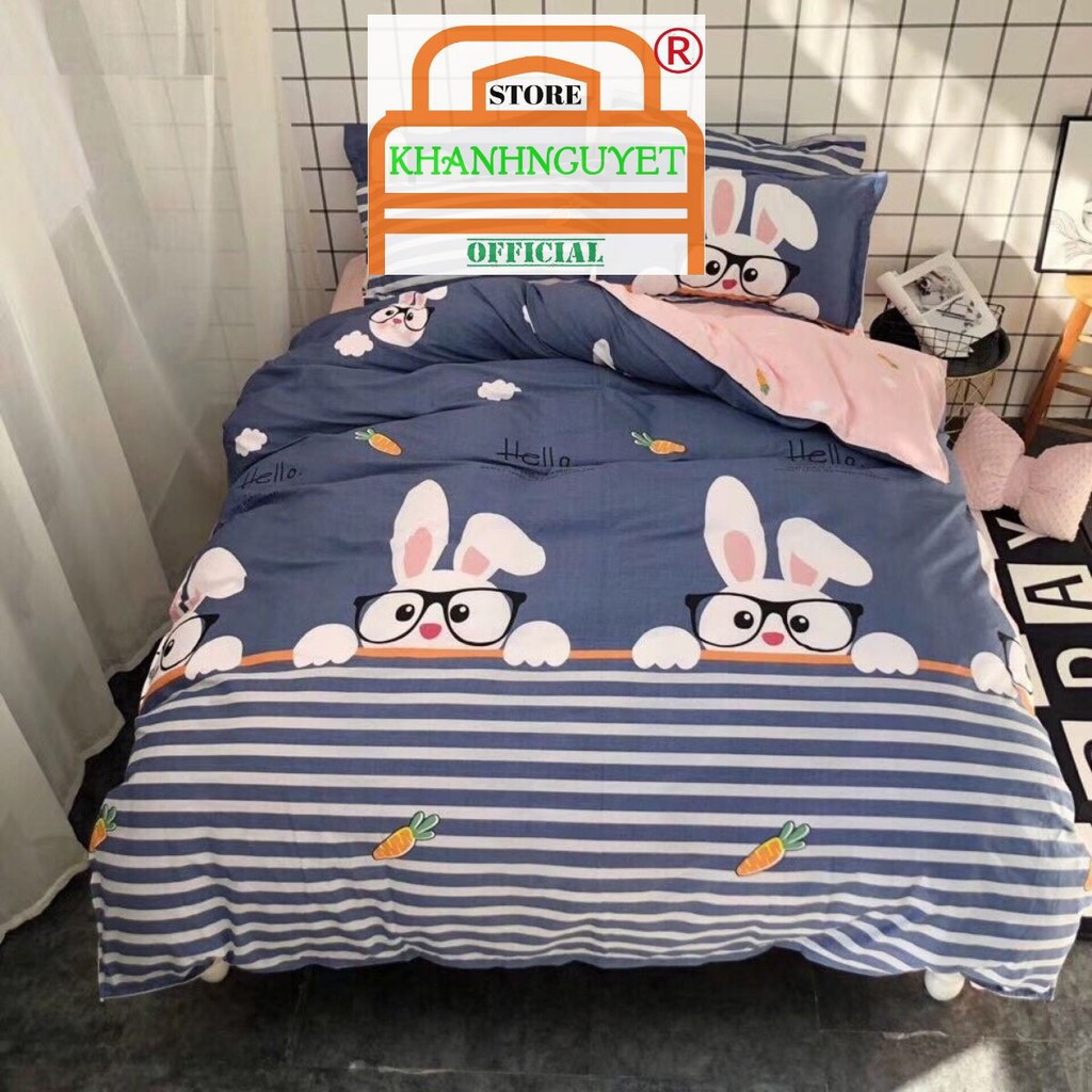 Bộ vỏ chăn ga gối cotton 100% Deme Thỏ Đeo Kính