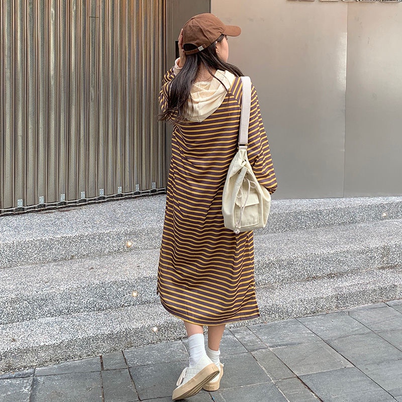 Đầm Hoodie Dài Qua Gối Họa Tiết Kẻ Sọc Phong Cách Trẻ Trung Dành Cho Nữ