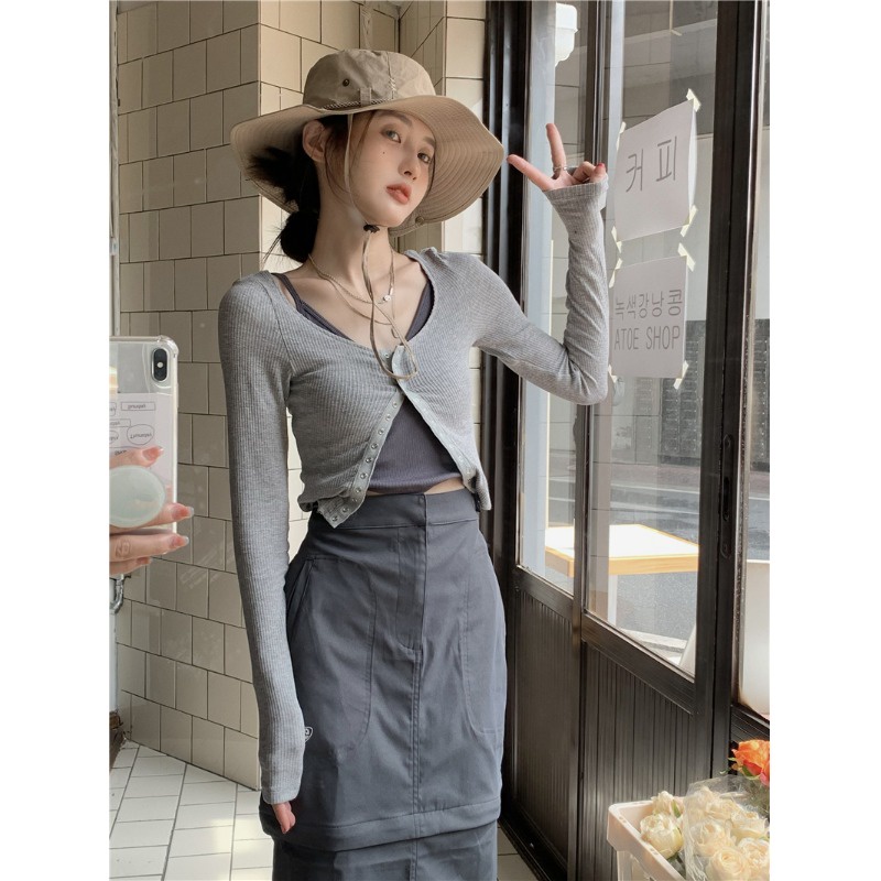 ▣Pphome Tokyo Pull Sister~Đầm Dây Phối Áo Khoác Cardigan Dài Tay Chống Nắng Thiết Kế Có Thể Tháo Rời
