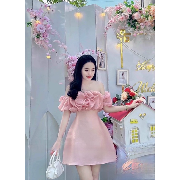 Đầm dự tiệc cưới TRIPBLE T DRESS dáng phối bẹt vai voan kính hạt ngọc - size S/M/L - MS412V