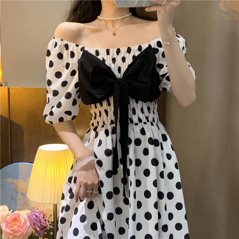 【HangFei】Đầm Cổ V Tay Phồng Đính Nơ Thời Trang Cho Nữ