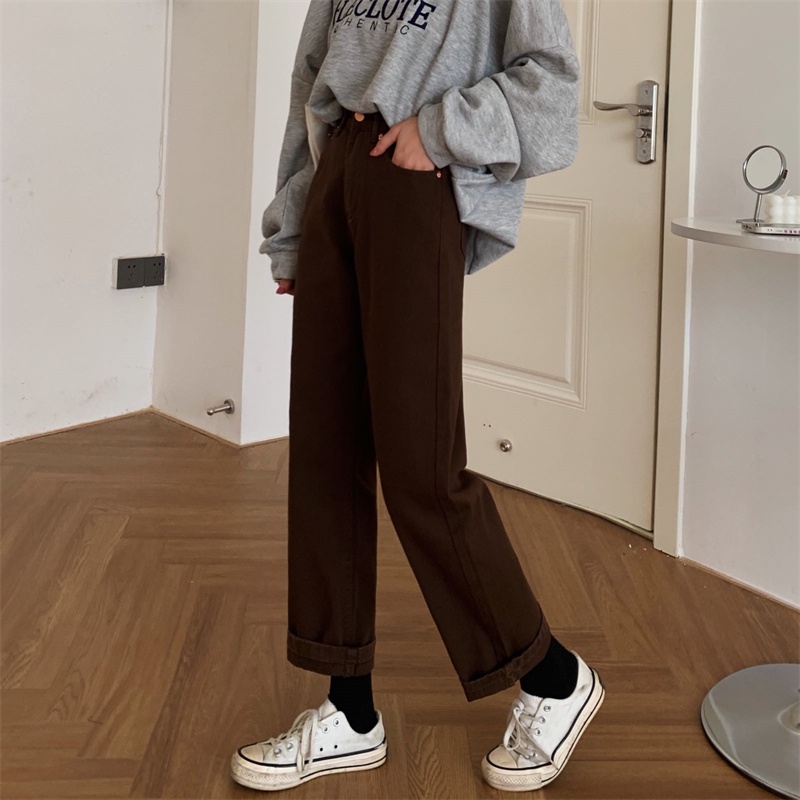 Xiaozhainv Quần Jean Ống Suông Lưng Cao Màu Nâu Thời Trang Hàn Quốc Cho Nữ