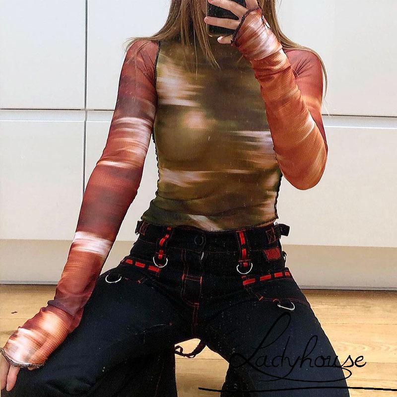 Áo Thun Tay Dài Dáng Ôm In Họa Tiết Trừu Tượng Dành Cho Nữ