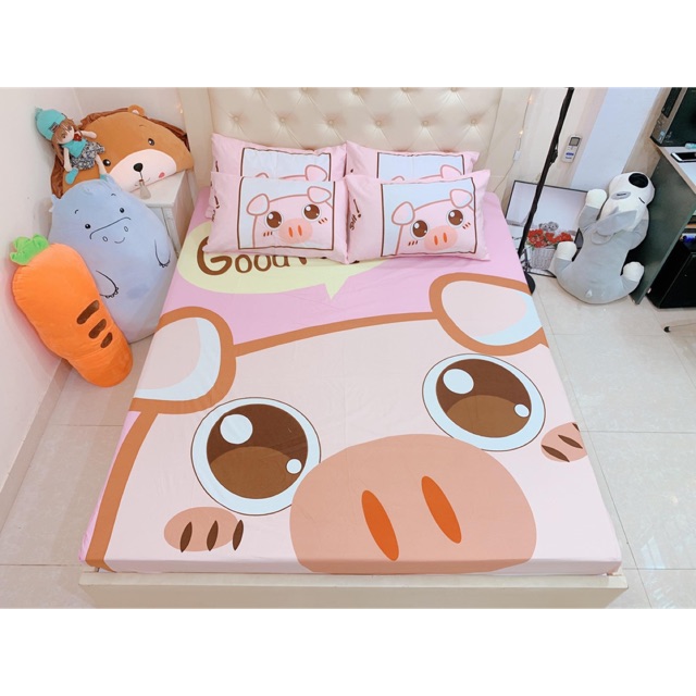 Bộ Ga Gối Cotton Poly 5D - Lợn Hồng