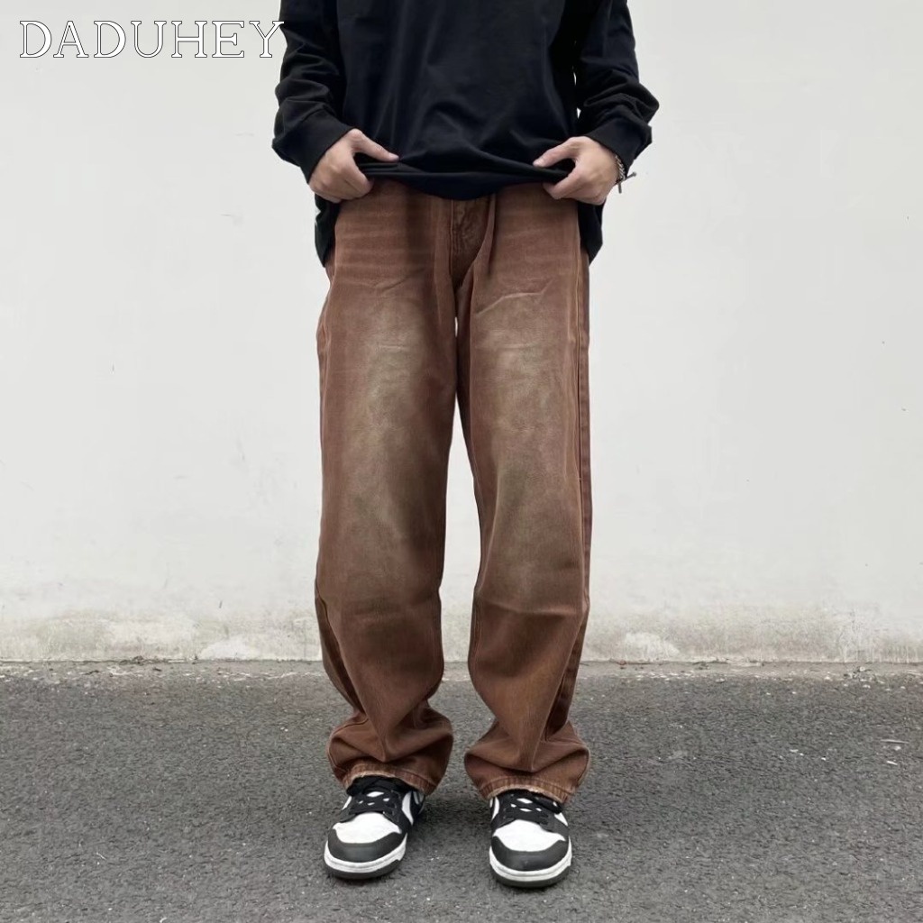 DaDuHey Men's Summer 2022 American High Street Jeans Washed-out Vintage Loose Straight All-Matching Draping Pants