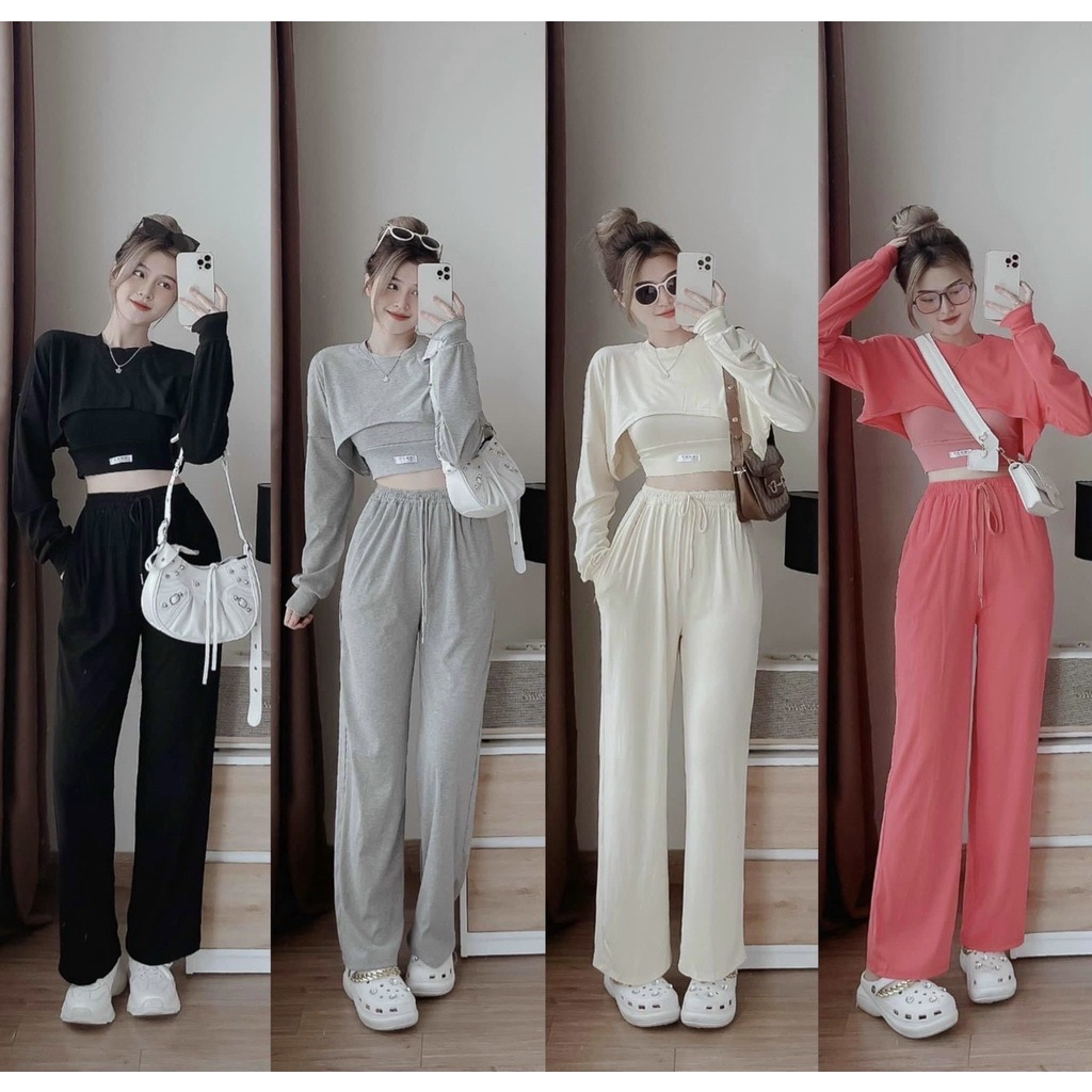 Sét bộ đồ nữ thể thao cotton co giãn trẻ trung tôn dáng họa tiết áo tay dài croptop siêu xinh
