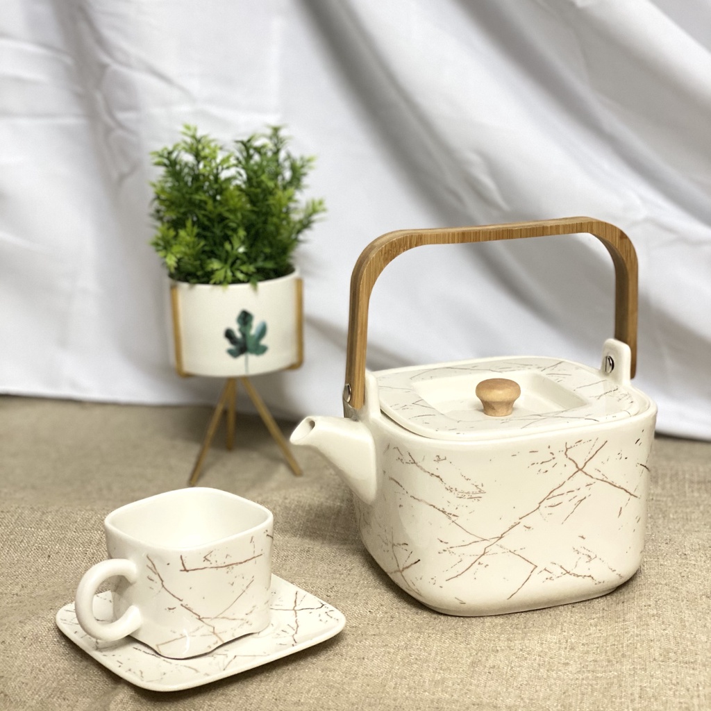 Bộ ấm chén dáng vuông họa tiết vân đá, kèm giá treo cốc độc đáo 7.118