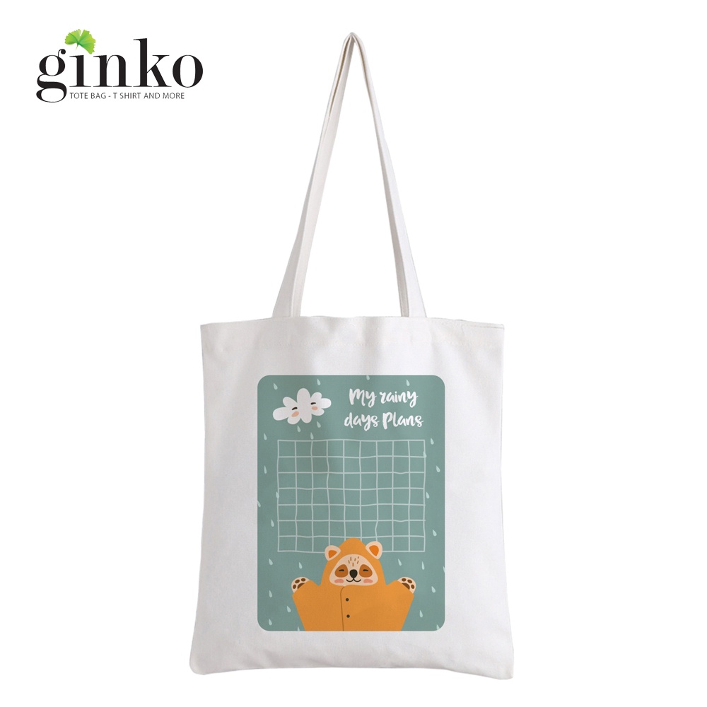 Túi Vải Tote GINKO Kiểu Basic dây kéo In Hình Rainy Bear G163