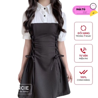 Váy nữ cổ trắng đan eo, váy nữ đẹp chất đũi lụa, phong cách hàn quốc, hàng loại 1, ảnh thật