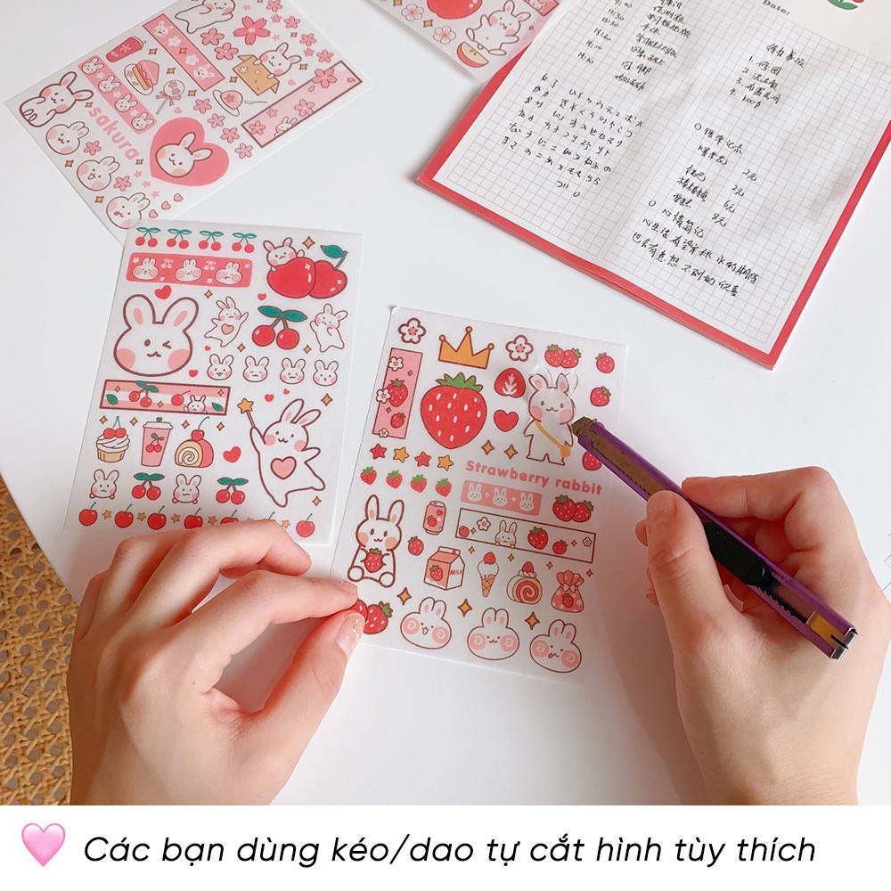 Sticker Set 4 Tấm Tự Cắt Thỏ Dâu Tây Và Gấu Nâu Dán Trang Trí