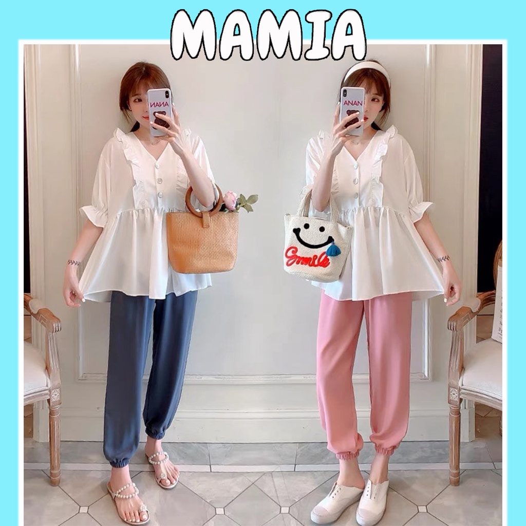 Bộ Bầu Hè Mặc Nhà Và Công Sở Babydoll Tay Lỡ Có Khóa Ngang Ngực Cho Bé Ti, Đồ Mặc Cho Con Bú Kết Hợp Quần BM014 Mamia