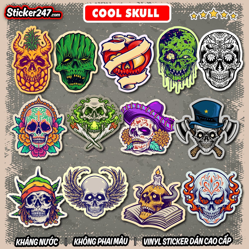Sticker Đầu Lâu Skull cool ngầu 𝑭𝒓𝒆𝒆𝒔𝒉𝒊𝒑 chống nước, sticker dán laptop, điện thoại, đàn, mũ bảo hiểm, vali