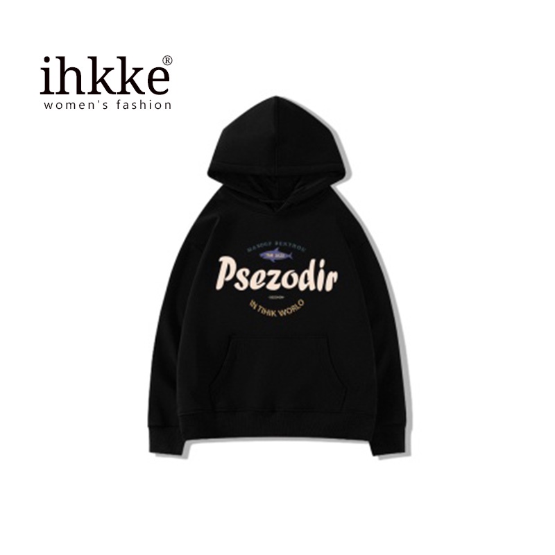 Áo hoodie IHKKE màu trơn thời trang phong cách retro