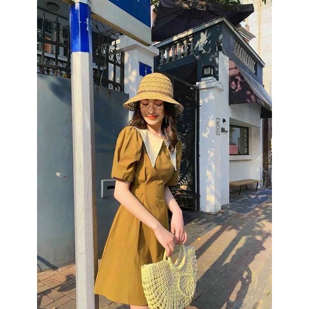 Đầm cổ bẻ vàng mơ xinh