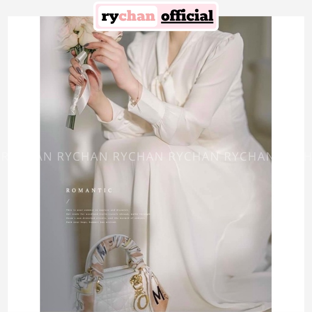 Đầm Nữ Phong Cách Tiểu Thư Tay Dài Cổ Thắt Nơ Dáng Dài Màu Trắng Cực Đẹp - DX9828