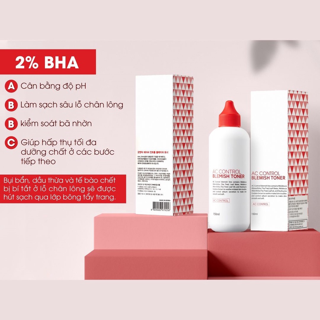 Toner Goodndoc AC Control Blemish Nước cân bằng tẩy da chết AHA + BHA cho da mụn, da thâm sạm 150ml