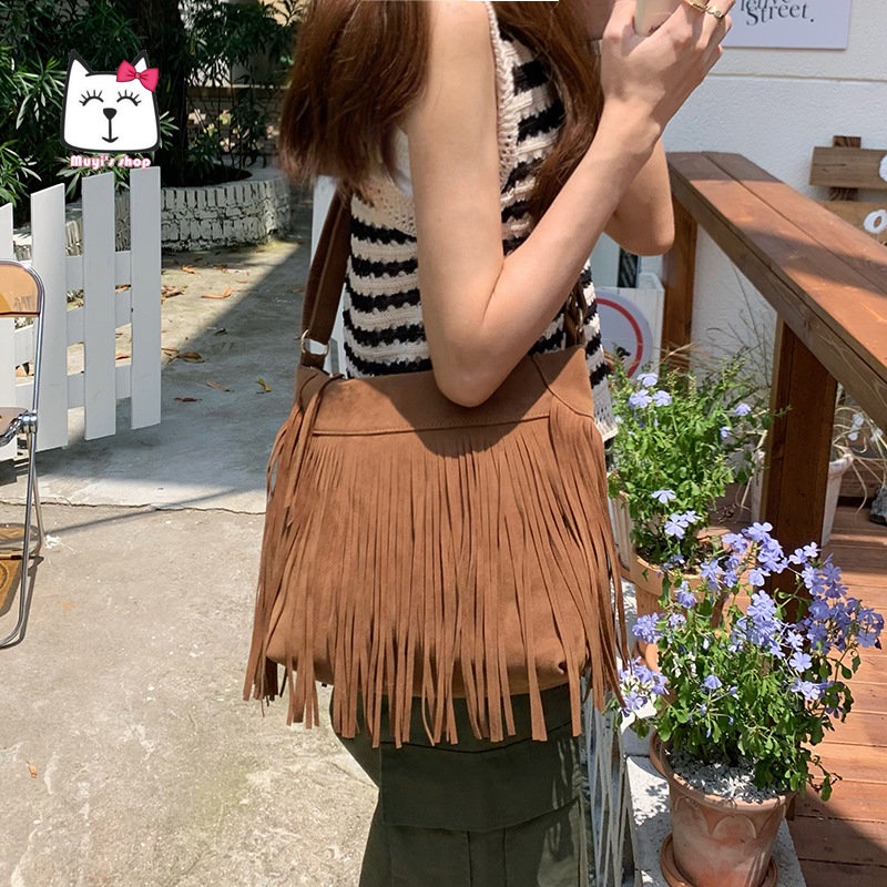 Túi Xách Da Lộn Phối Tua Rua Phong Cách Vintage Mỹ