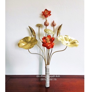 Hoa sen đồng vàng pha đỏ 10 bông, bó hoa sen bằng đồng nguyên chất