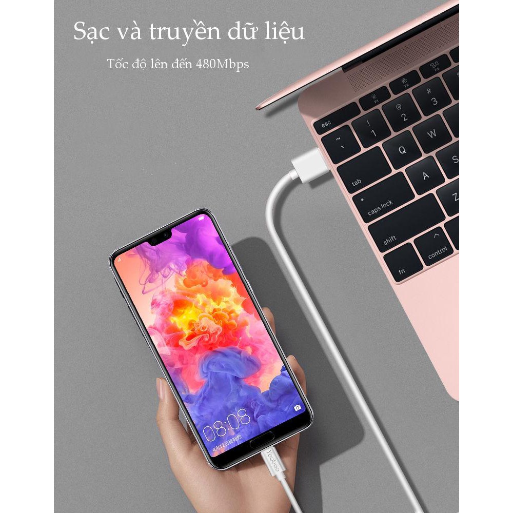 [Mã 2404EL10K giảm 10K đơn 20K] Cáp sạc và truyền dữ liệu USB Type C dài 1m vỏ nhựa TPE YOOBAO YB-400C