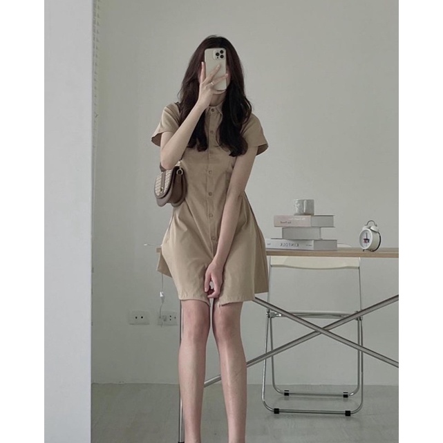 Đầm xinh xắn váy sơmi cổ đức chất kaki mỏng chun lưng dáng lỡ ulzzang hàn quốc (ảnh thật/có sẵn) Tiệm Nhà Cá