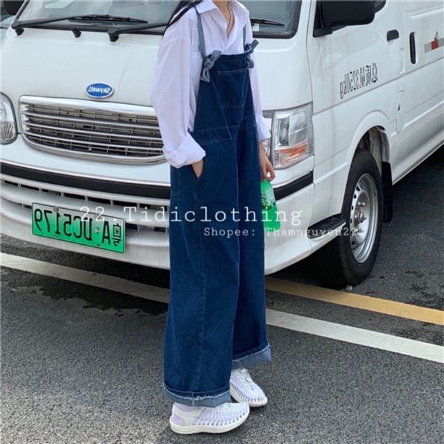 ( ORDER ) Quần yếm jeans ulzzang ống rộng form dài xanh đậm xanh nhạt có size big size / quần yếm bò có bigsize Taobao